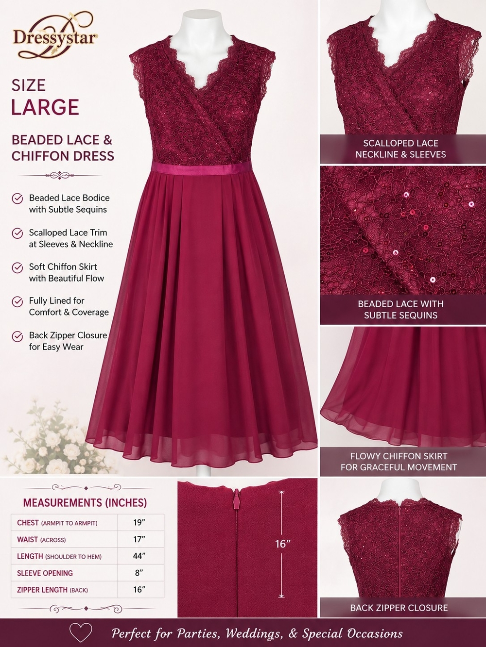 Dressystar Burgundy Beaded Lace & Chiffon Midi Dress - Large NWT